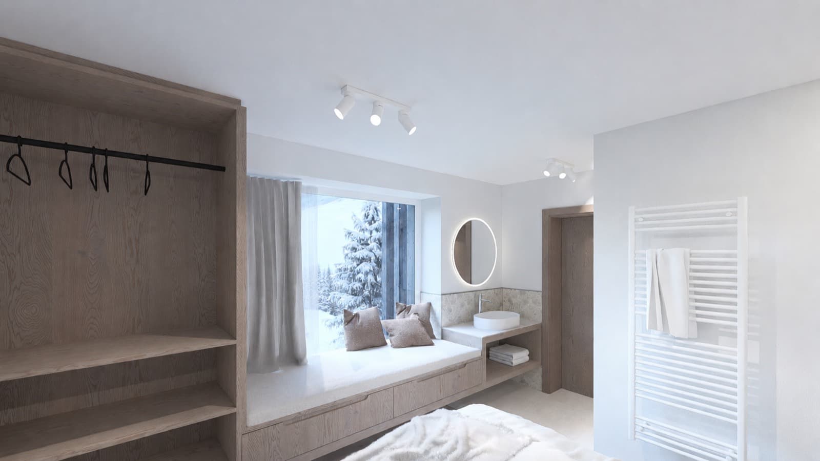 Schlafbereich mit Fensterbank und Bad im Appartement Alpine Spirit L