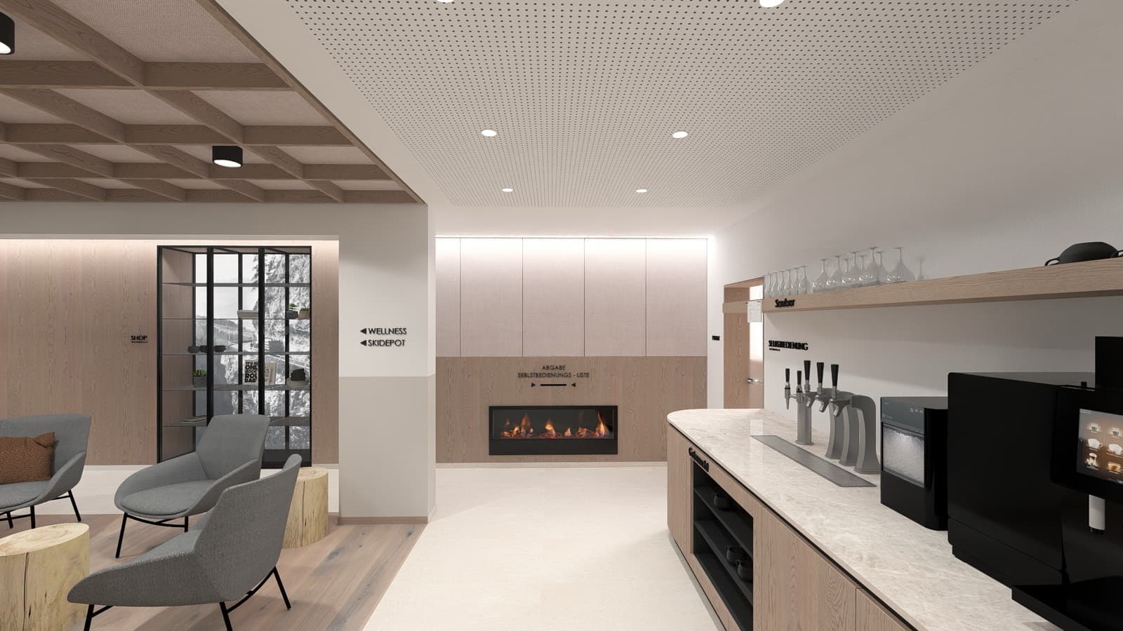 Self-Service-Bar mit Kaffeemaschine und Kamin