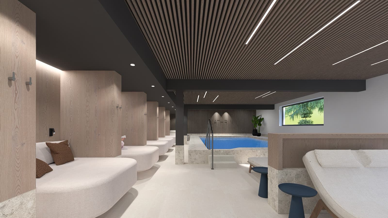 Liegen am Indoorpool mit Ausgang ins Freie