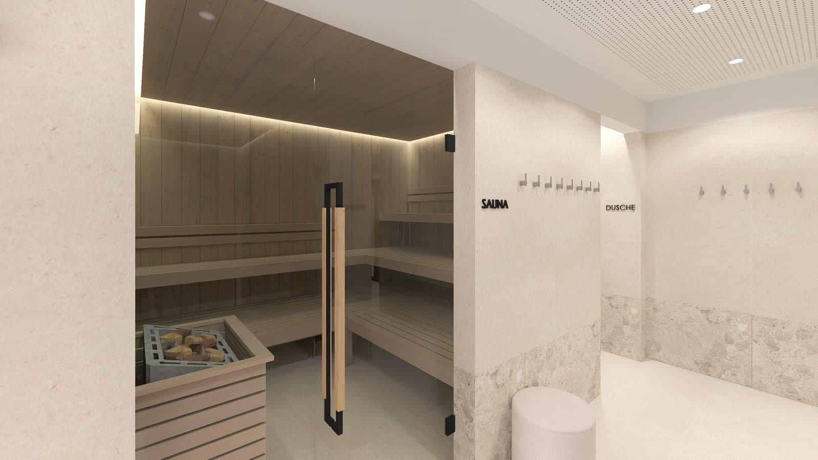 Sauna aus hellem Holz mit Duschbereich